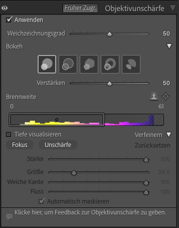 Funktionspalette "Objektivunschärfe"